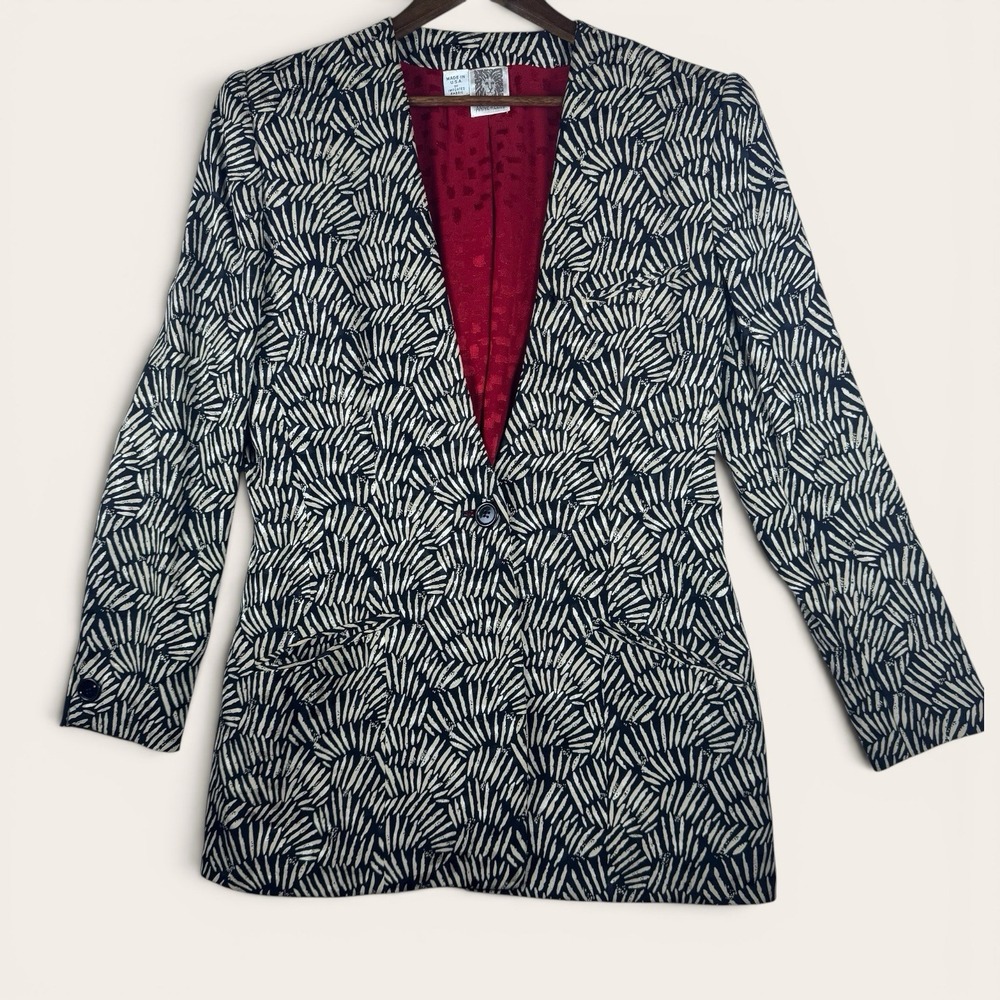 Anne Klein VTG Blazer Jacket Black Beige Abstract Print  Women Size 12 100% Silk